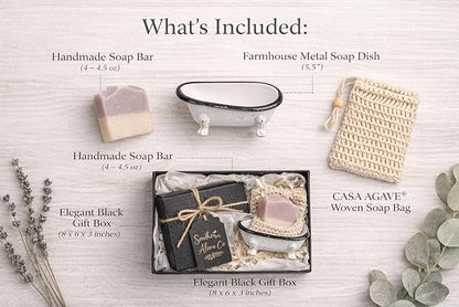 Lavender Bath Gift Set – Handmade Soap Bars with Soap Dish & Exfoliating Bag, Farmhouse Bathroom Decor