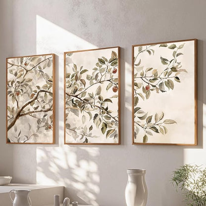 HLNIUC Apple Tree Vintage Framed Wall Art Set, Botanical Branch Canvas Wall Decor, Rustic Farmhouse Leaves Wall Painting, Retro Nature Plant Art Print for Living Room, Bedroom, Office - 24"x36"x3