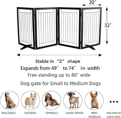 ZJSF Freestanding Dog Gate Indoor, Foldable Dog Fence for Doorways,Hallways or Stairs, Sturdy Wood Extra Wide Pet Gate with Support Feet,Black,32 "Height-4 Panels
