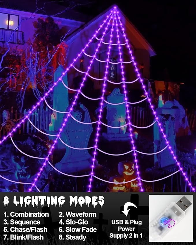 Brighter Spider Web Lights Halloween Decorations Outdoor, 2025 Upgraded 250 Purple LED Lights 16.4ft Lighted Spider Web, 8 Modes with Remote Control, Timer & Memory Function, Perfect Halloween Decor