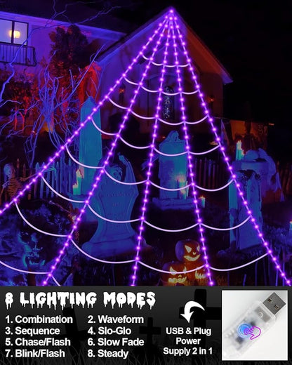 Brighter Spider Web Lights Halloween Decorations Outdoor, 2025 Upgraded 250 Purple LED Lights 16.4ft Lighted Spider Web, 8 Modes with Remote Control, Timer & Memory Function, Perfect Halloween Decor
