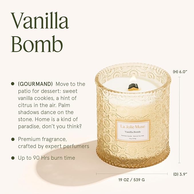 LA JOLIE MUSE Fall Candle | Vanilla Bomb Candle –Vanilla, Lemon Zest & Patchouli |19 oz Large Wooden Wick | Natural Soy Wax | 90 Hours Clean Burn | Gift-Ready for Autumn Hosting | Seasonal Home Décor
