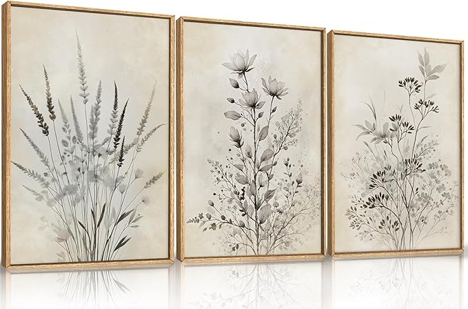 Large Neutral Flower Botanical Framed Canvas Wall Art,Boho Wildflowers Ink Wall Decor,Vintage Bouquet Wall Painting,Nature Artwork for Living Room,Bedroom,Dining Room,Office -24"x36"x3