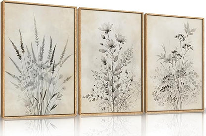 Large Neutral Flower Botanical Framed Canvas Wall Art,Boho Wildflowers Ink Wall Decor,Vintage Bouquet Wall Painting,Nature Artwork for Living Room,Bedroom,Dining Room,Office -24"x36"x3