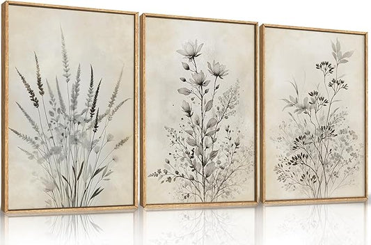 Large Neutral Flower Botanical Framed Canvas Wall Art,Boho Wildflowers Ink Wall Decor,Vintage Bouquet Wall Painting,Nature Artwork for Living Room,Bedroom,Dining Room,Office -16"x24"x3