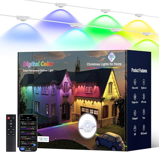 Permanent Outdoor Lights, 150ft with 90 RGB LED Lights for Daily and Christmas, Halloween, 49 Scene Modes+DIY for Outdoor Decor, IP66 Waterproof, Compatible with Alexa, Google Assistant