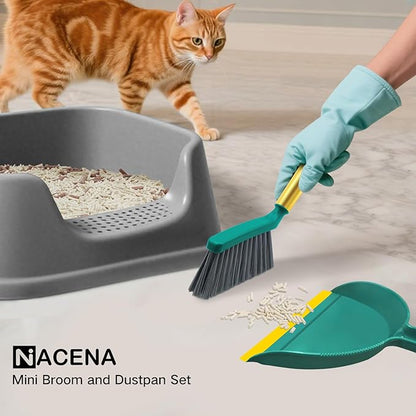 NACENA Mini Broom and Dustpan Set, Small Dust Pan and Brush Set with Handle Dustpan Teeth for Cleaning Hair Suitable for Office Desks Drawers Sofas Pet Care Outdoor Camping, Green
