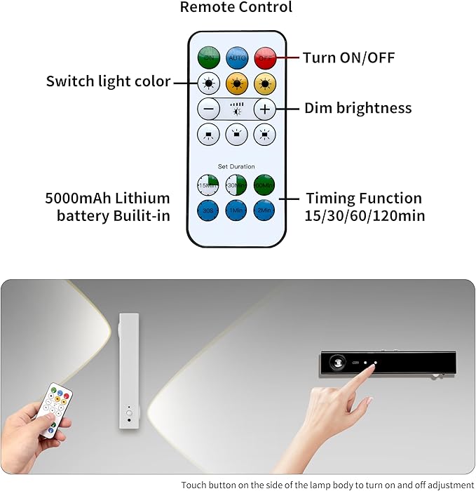 Motion Sensor LED Night Lights, 2500 mAh Rechargeable Battery Operated Indoor Wall Light Without Power Connection with Switch, Wireless Wall Lighting Battery for Cabinet Bedroom Stairs(Black)