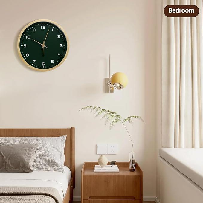 MEIRED Wooden Wall Clock 12 Inch Silent Non Ticking Wall Clocks Battery Operated Wood Analog Retro Round Clock Decorative for Kitchen,Home,Living Room,Classroom, Log Green