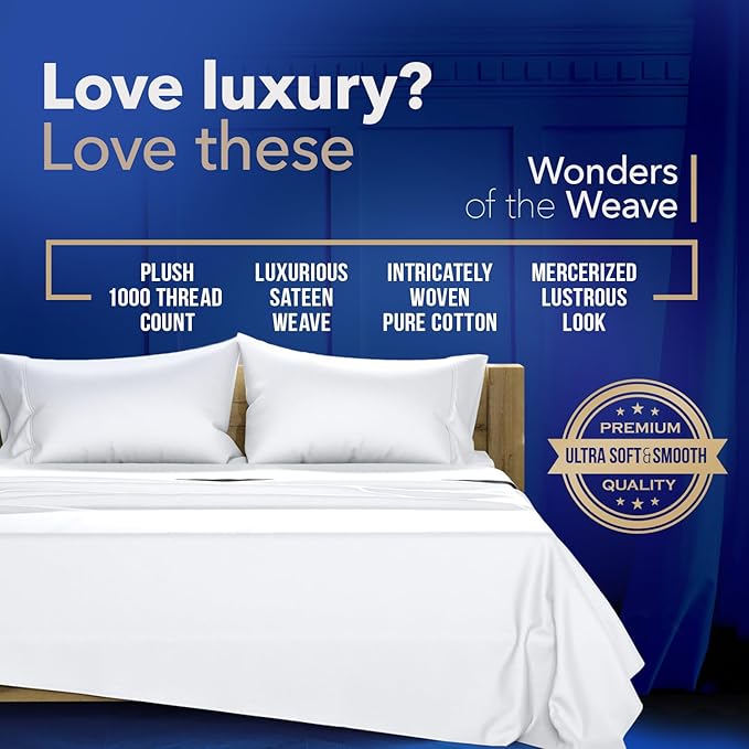 TEXAS LINEN CO. 100% Egyptian Cotton Queen White Sheet Set - 1000 Thread Count 6 PC Cotton Sheets for Queen Bed (4 Pillowcases), Silky Soft, Cooling Luxury Hotel Sheets - Fits Upto 18” Deep Pocket