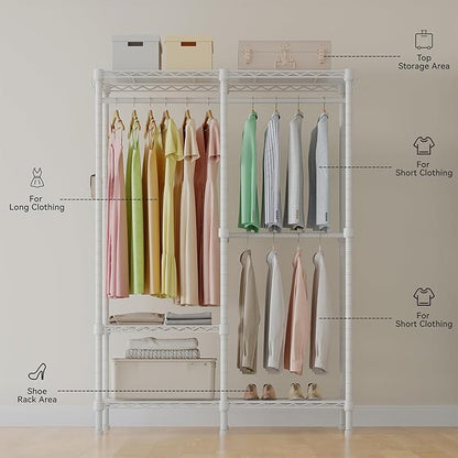 H18 Clothes Rack for Hanging Clothes, Heavy Duty Garment Rack, Portable Closet with Adjustable Shelves, Freestanding Wardrobe Closet for Bedroom Storage, White