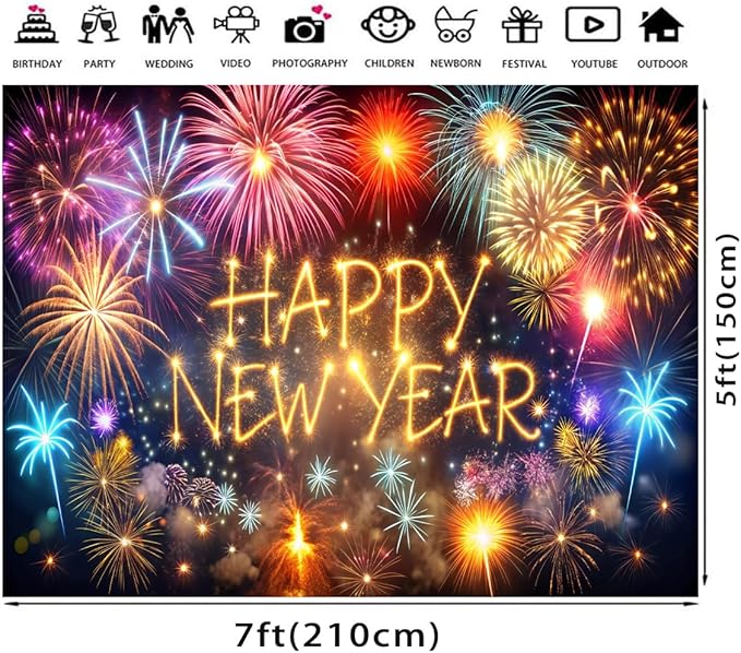 7X5 Happy New Year Party Backdrop Decoration Supplies, Extra Large Fabric Happy New Year Banner for 2026 Party Decoration Fireworks Photo Booth Backdrop Background 127