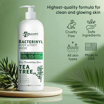 Bacterinyl Tea Tree Oil Body Wash - Antibacterial & Antifungal Support for Ringworm, Body Odors, Athlete’s Foot & Acne, Helps Soothe Itchy, Dry Skin - Made in USA (16 fl oz)