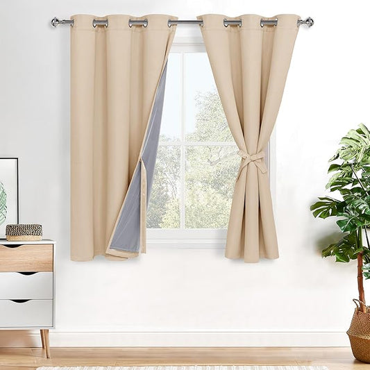 XWZO 100% Blackout Curtain Panels - Thermal Insulated Black Liner Curtains, Noise Reducing and Heat Blocking Drapes for Hall and Studio Windows with Tiebacks, Biscotti Beige, W42 x L54, Set of 2