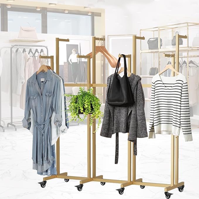 Metal Clothing Rack, 6 Arms Clothes Display Racks with Wheels, Adjustable Floor Standing Garment Rack From 46.85" to 64", Portable Retail Display Stand for Boutique Stores (Gold, 6 Arm/45.66in)