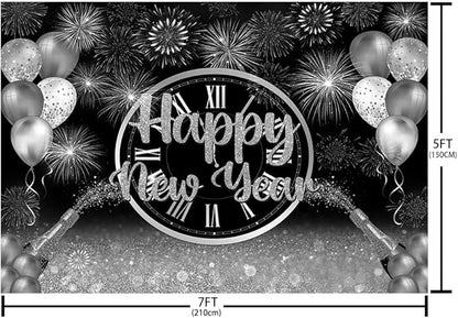MEHOFOND 7x5ft Happy New Year Backdrop Silver 2026 New Year Eve Party Decorations Banner Supplies Shining Champagne Balloons Firework Photography Background New Years Eve Photo Studio Props