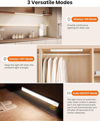 16 Inch Under Cabinet Lights, 83 LED Rechargeable Magnetic Motion Sensor Light Indoor, Brightness Dimmable 6500K Stepless Dimming Closet Light, for Under Counter, Kitchen, Stairs, Closet, 2 Packs