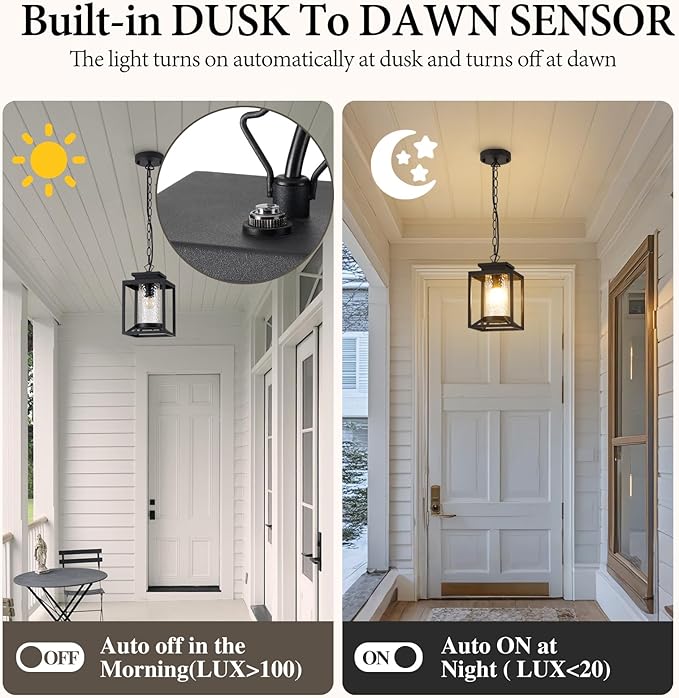 Outdoor Pendant Lights, Dusk to Dawn Modern Outdoor Porch Chandelier Lantern with Sensor, Black Exterior Hanging Porch Light with Hammered Glass, Adjustable Long Chain, OS-KY1001