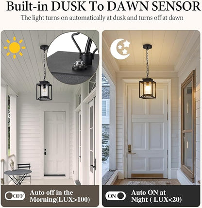 Outdoor Pendant Lights, Dusk to Dawn Modern Outdoor Porch Chandelier Lantern with Sensor, Black Exterior Hanging Porch Light with Hammered Glass, Adjustable Long Chain, OS-KY1001