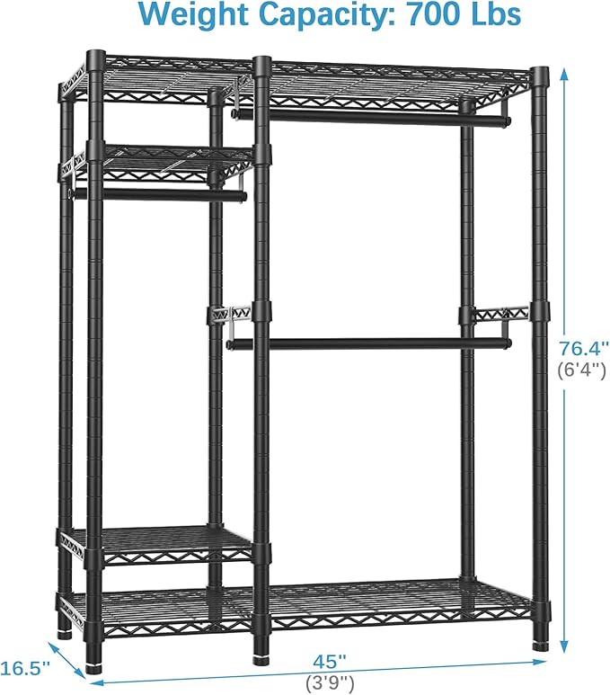 VIPEK V2 Clothes Rack for Hanging Clothes, Heavy Duty Closet Rack with 4 Tiers Wire Shelving & 3 Hanging Rods, Free Standing Closet Wardrobe, 45" Lx16.5 Wx76.4 H, Max Load 700LBS, Black