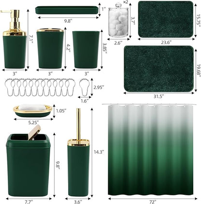 Bathroom Set - Dark Green Bathroom Sets with Shower Curtain and Rugs, 24PCS Shower Curtain Set with Hooks, Soap Dispenser, Soap Dish, Toilet Brush Holder and Trash Can for Housewarming