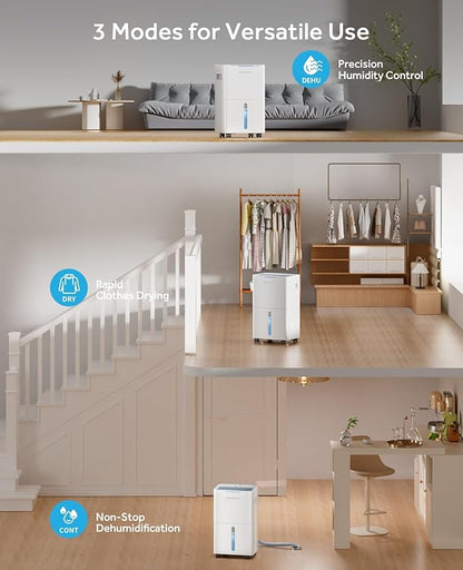 21 Pints Dehumidifier for Basement - 1500 Sq.ft Dehumidifiers for Home, Bedroom & Bathroom with Continuous Drain Hose, Intelligent Humidity Control, 3 Smart Modes (White)