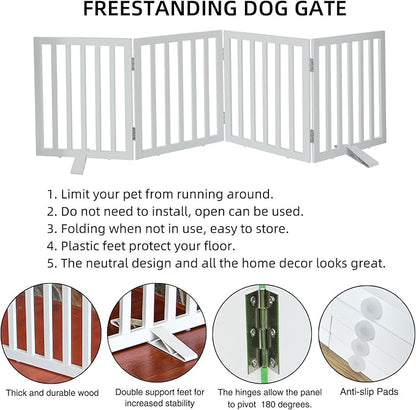 Dog Gate Indoor, Freestanding Dog Fence for The House, Doorways, Hallways,or Stairs,Pet Gate Foldable Wooden,Expandable 24" Height 4 Panels,White