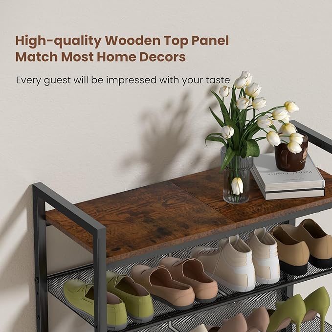 4 Tier Shoe Rack for Front Door Entrance, Shoe Rack for Entryway, Metal Shoe Organizer Heavy Duty with Wooden Top & Adjustable Mesh Shelves, Shoe Storage for Closet Bedroom Bathroom Dorm Garage