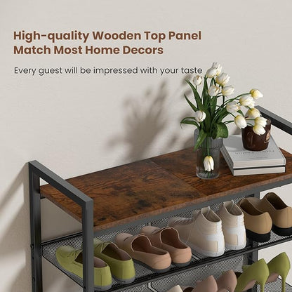 4 Tier Shoe Rack for Front Door Entrance, Shoe Rack for Entryway, Metal Shoe Organizer Heavy Duty with Wooden Top & Adjustable Mesh Shelves, Shoe Storage for Closet Bedroom Bathroom Dorm Garage