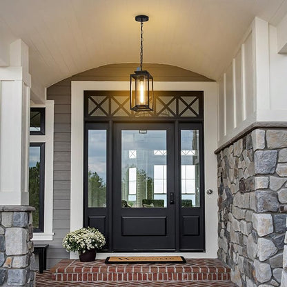 Outdoor Pendant Light, 14" Large Dusk to Dawn Outdoor Chandelier Lantern with Sensor, Black Modern Exterior Hanging Porch Light with Cylinder Glass, Adjustable Long Chain, OS-KY1002