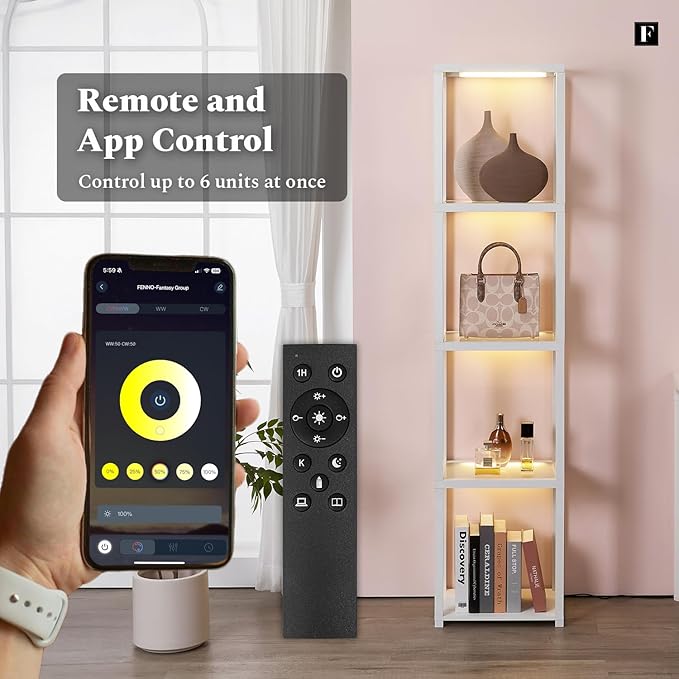 FENLO LED Display Shelf Unit – Dimmable Lighted Furniture for Bedroom, Living Room, or Office – Glass Curio Cabinet Shelf Lamp with App + Remote Control + Adjustable Lighting