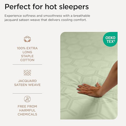 Threadmill 100% Cotton Sheets for King Size Bed - 600 Thread Count King Bed Sheets Set with 16” Deep Pocket - Jacquard Sateen Weave 4-Piece Bedding Set with Cooling Effect, Sage Green