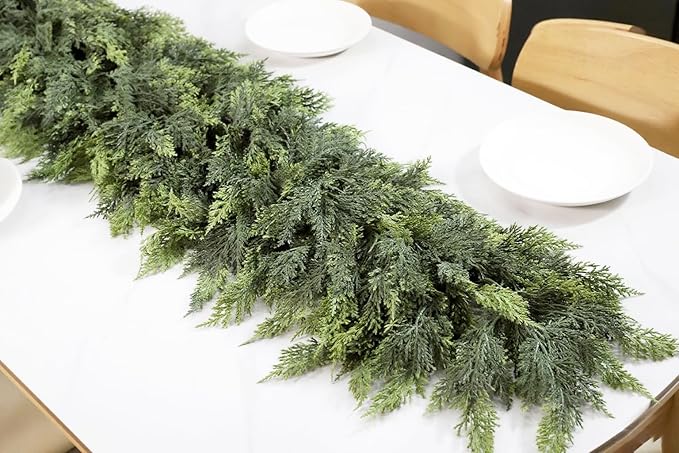 9FT Lifelike Cedar Christmas Garland,Artificial Realistic Faux Green Cedar Pine Garland,Thick and Lush,Soft Bendable, for Home Fireplace Indoor/Outdoor Christmas Holiday Party Decorations