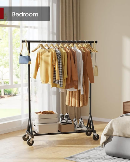 Stainless Steel Rolling Clothes Rack with Mesh Shelf, Lockable Wheels & Anti-Slip Stoppers, Freestanding Clothing Organizer for Bedroom, Laundry Room, 42.5" x 16.5" x 65.9", Black