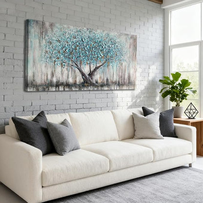 Arjun Tree Wall Art Canvas for Living Room Blue Tree of Life Nature Teal Abstract Textured Painting Picture Modern Panoramic Landscape Artwork Framed Bedroom Home Office Decor, Large Size 40"x20"