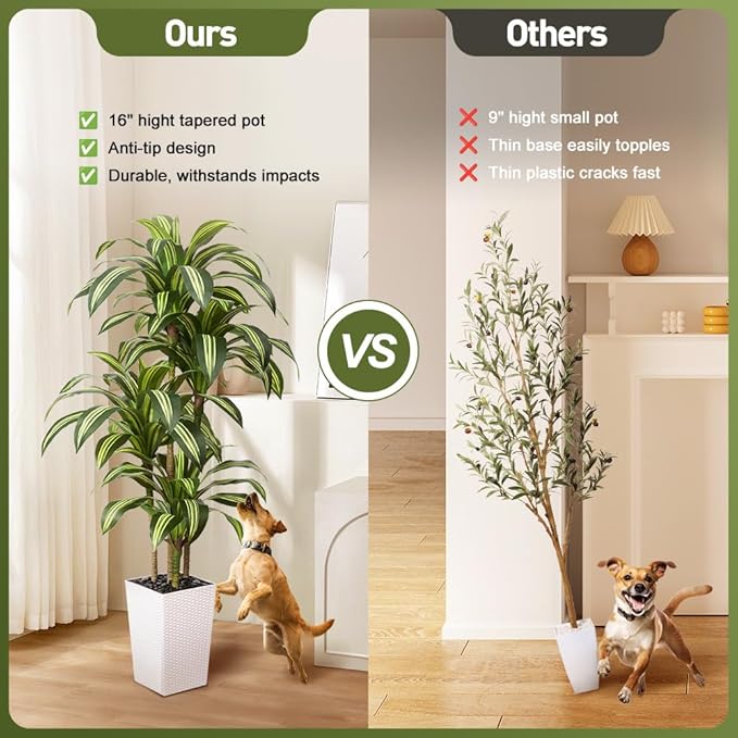 Artificial Dracaena Tree 6FT - UV Resistant Faux Tree with Large Taper Planter & Pebbles - Tall Fake Plants Indoor & Outdoor, Potted Floor Plant for Home Living Room Porch Decor, VN127