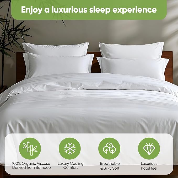 TWK Luxury Sheet Set, Genuine 100% Organic Viscose Derived from Bamboo, Cooling & Breathable, Silky Soft, Bedding Sheets & Pillowcases (White, California King)