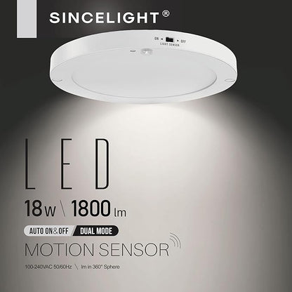 SINCELIGHT PIR Motion Sensor 18W LED Ceiling Light (Φ9''/220mm), Automatically ON/Off, Movement Activated, Dual Mode Turnable, Cool White 6000K, Surface/Flush Mount for Hallway,Porch, Pack of 1