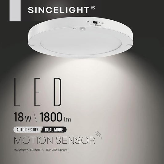 SINCELIGHT PIR Motion Sensor 18W LED Ceiling Light (Φ9''/220mm), Automatically ON/Off, Movement Activated, Dual Mode Turnable, Cool White 6000K, Surface/Flush Mount for Hallway,Porch, Pack of 1