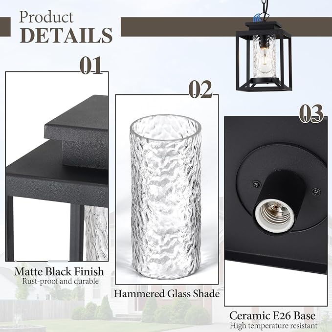 Outdoor Pendant Lights, Dusk to Dawn Modern Outdoor Porch Chandelier Lantern with Sensor, Black Exterior Hanging Porch Light with Hammered Glass, Adjustable Long Chain, OS-KY1001