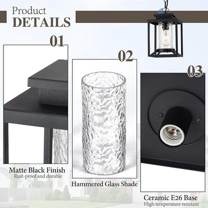 Outdoor Pendant Lights, Dusk to Dawn Modern Outdoor Porch Chandelier Lantern with Sensor, Black Exterior Hanging Porch Light with Hammered Glass, Adjustable Long Chain, OS-KY1001