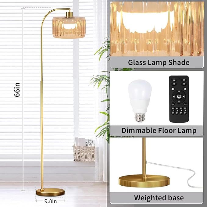 Gold Floor Lamp for Living Room,Bedroom,Mid Century Modern Standing Lamp with Remote,Dimmable Brass Tall Lamp Glass Lamp Vintage Retro Arc Floor Lamps Flower Floor Light Boho Bohemian