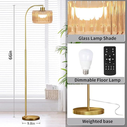 Gold Floor Lamp for Living Room,Bedroom,Mid Century Modern Standing Lamp with Remote,Dimmable Brass Tall Lamp Glass Lamp Vintage Retro Arc Floor Lamps Flower Floor Light Boho Bohemian