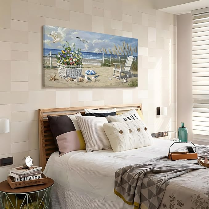 ARTZON Beach Scene Wall Art – Relaxing Large Blue Tropical Nature Sunshine Seascape Picture Modern Summer Coastal Canvas Print Decor for Living Room, Bedroom, 48x24 Inch