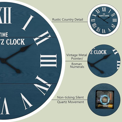 ARTPOWER Large Farmhouse Wall Clock, 24” Shiplap Wall Clock with Roman Numeral, Nearly Non-Ticking, Round Wall Clocks for Living Room Decor, Office, Bedroom, Entrance, Blue
