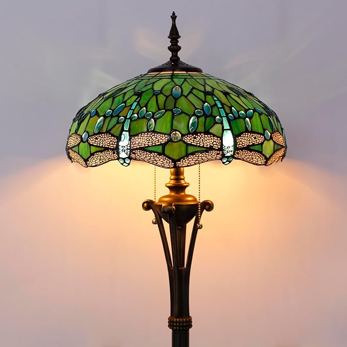 Tiffany Floor Lamp Green Stained Glass Dragonfly Standing Reading Light 16X16X70 Inches Antique Pole Corner Lamp Decor Bedroom Office Living Room