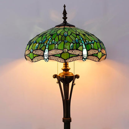 Tiffany Floor Lamp Green Stained Glass Dragonfly Standing Reading Light 16X16X70 Inches Antique Pole Corner Lamp Decor Bedroom Office Living Room