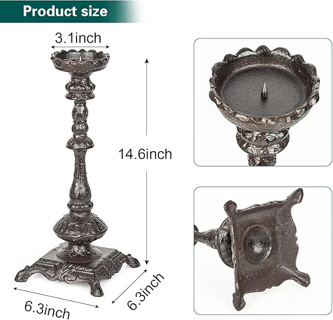 Sungmor Heavy Duty Cast Iron Candlestick Holders - Handcrafted Vintage Candelabra - 37CM/15Inch Tall 1-Head Candle Holder - Decorative Pillar Candle Stand for Christmas Birthday Wedding Home Party