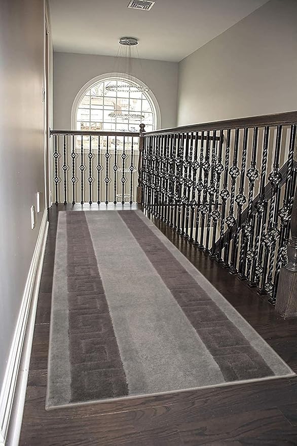 Washable Custom Size Runner Rug Meander Design Grey and Black, (11 Feet Length x 26 Inch Width) Custom Cut Slip Resistant Rubber Backing Runner Rugs, Extra Long Runner Rugs for Hallways