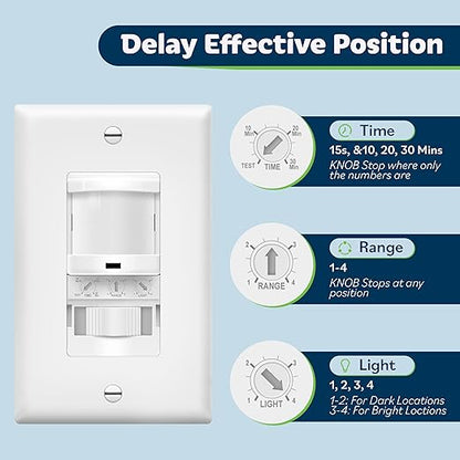 TOPGREENER in-Wall PIR Motion Sensor Light Switch, Motion Sensor Switch, Occupancy Sensor Switch, On/Off Override, 4A, 500W, Single Pole, 𝐍𝐞𝐞𝐝 𝐍𝐞𝐮𝐭𝐫𝐚𝐥 𝐖𝐢𝐫𝐞, TSOS5, White, 4 Pack